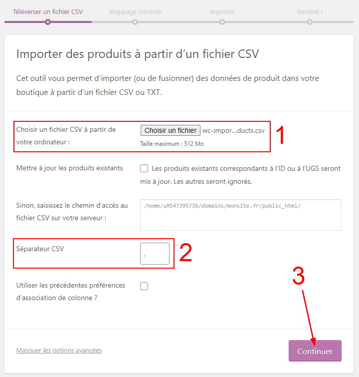 configurer l'importation de produits